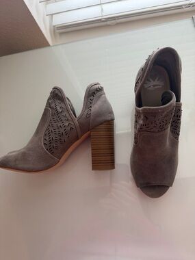 Fergalicious Gray Suede Peep-Toe Cutout Block Heel Booties